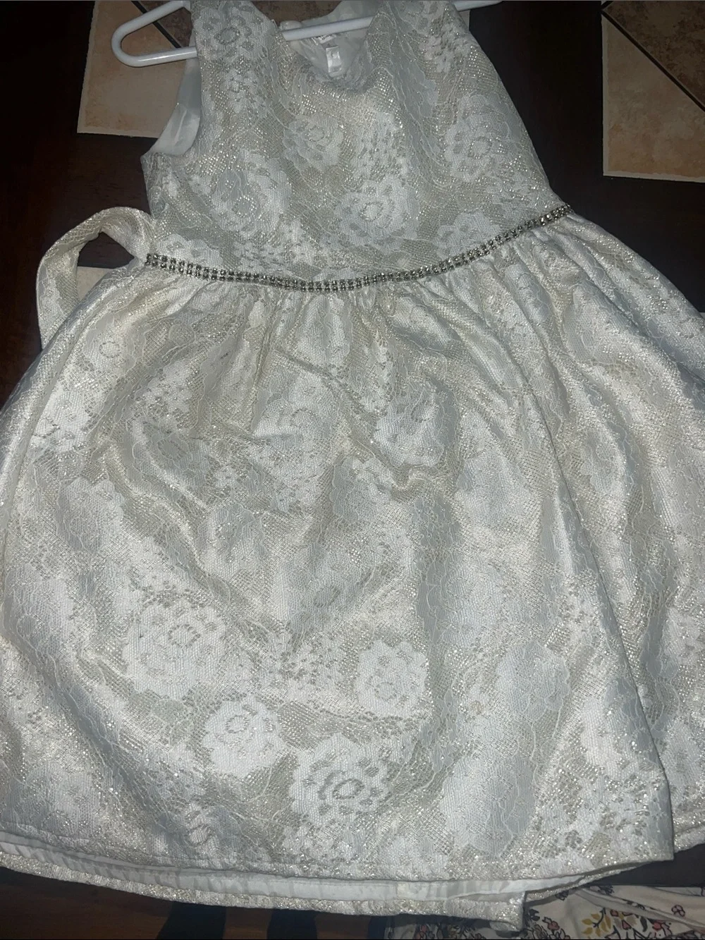 Girls' Formal Lace Party Dress with Rhinestone Band - White/Cream
